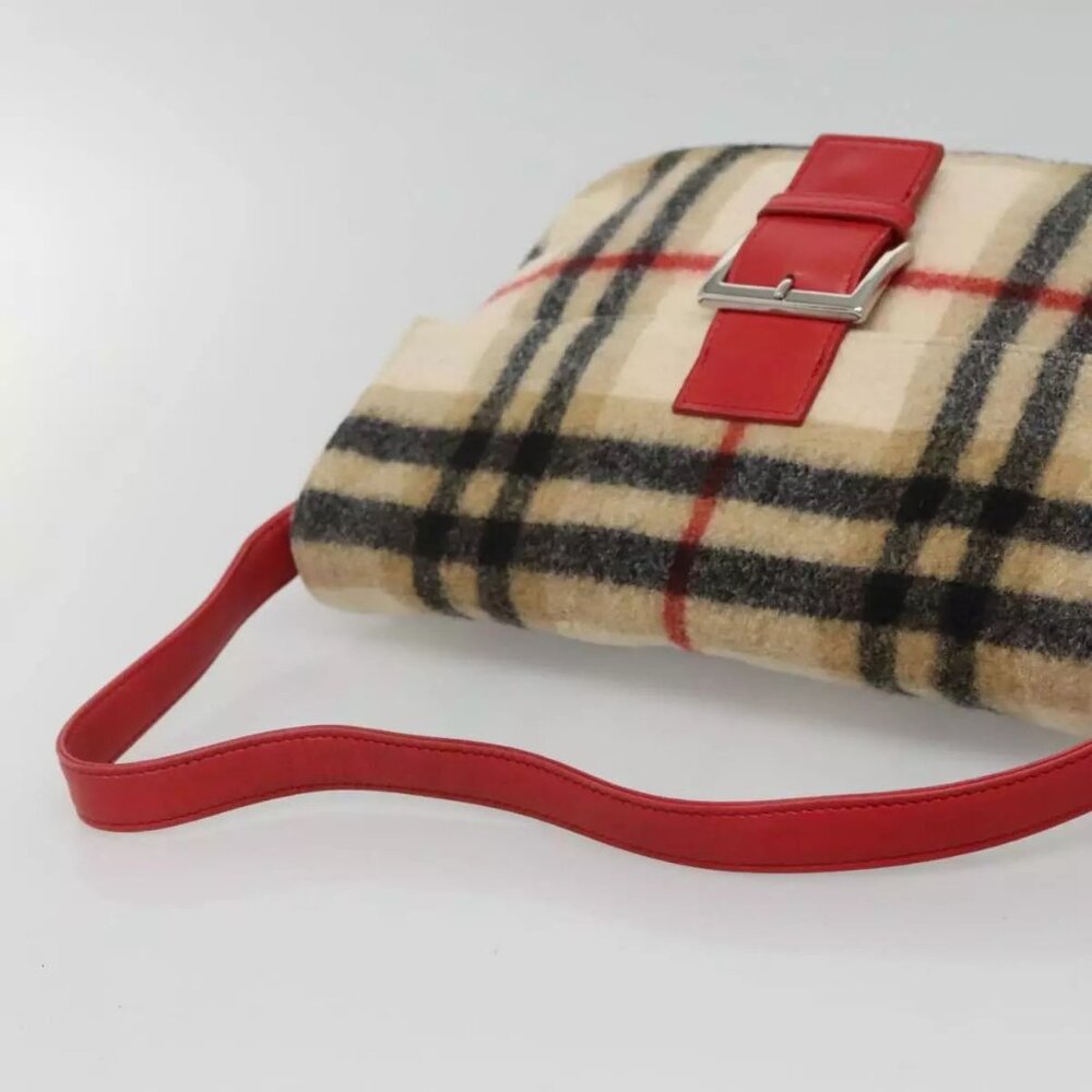 Burberrys Nova Check Blue Label Shoulder Bag Wool Beige Red Silver Auth - Picture 8 of 16